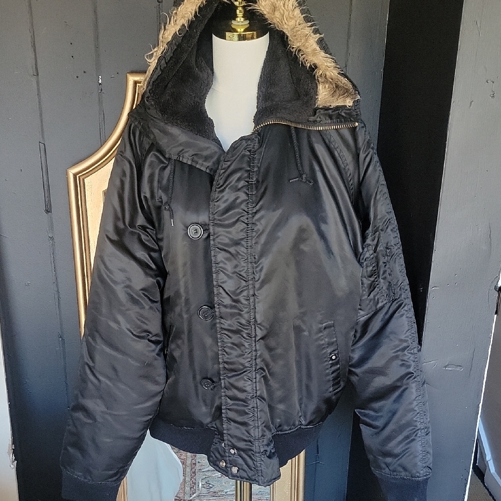 Black Hooded Jacket with Faux Fur Trim